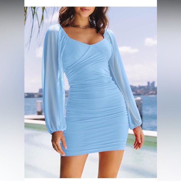 Zesica Light Blue Rouched Bodycon Dress - Picture 1 of 6